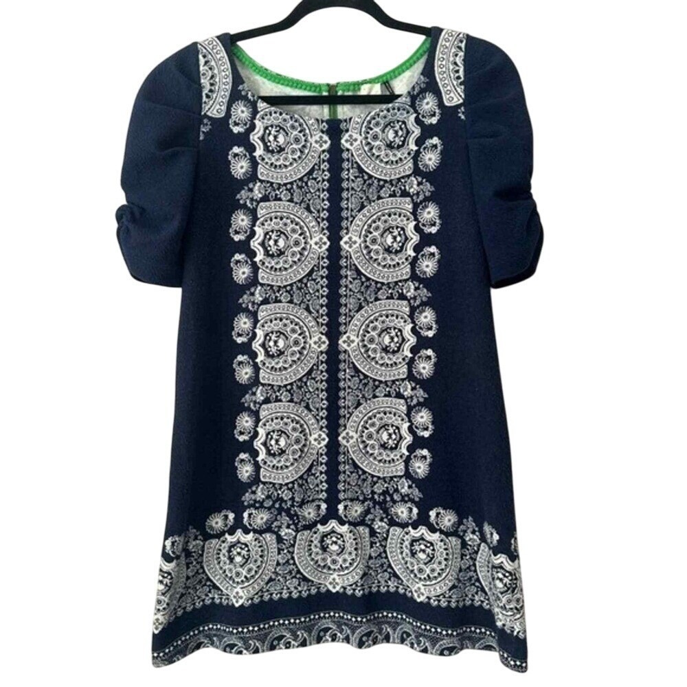 Akemi + Kin Small Shift Dress Navy Blue ShortSleeve Medallion Puffed Square Neck
